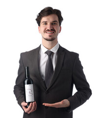 Naklejka premium Professional sommelier with bottle of red wine on white background