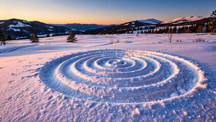 Obraz premium Spiral Snow Art in Serene Mountain Landscape at Sunset