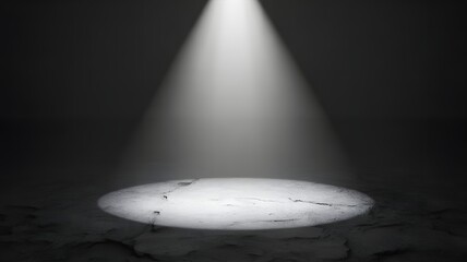A bright white spotlight beam illuminates a circular area on a dark textured cracked concrete stage floor creating a dramatic mysterious mood in an empty space