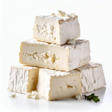 Delicious stack of soft cheeses, presented on a pristine white backdrop, evokes culinary indulgence