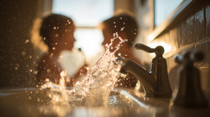 Playful moments in the bathroom with cheerful splashes of water and happy faces at dusk