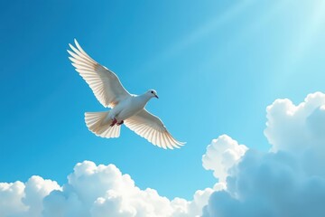 Elegant white pigeon in flight, against a vibrant blue sky with puffy white clouds , sky, clean, picture