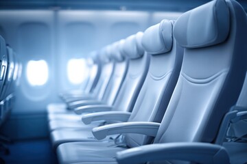 Rows of unoccupied airplane seats stretch into the distance in a modern cabin, perfect for travel and aviation themes.