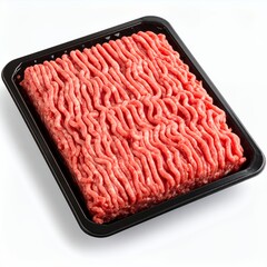 Rectangular black tray showcasing ground beef on a stark white background