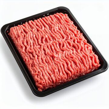 Rectangular black tray showcasing ground beef on a stark white background