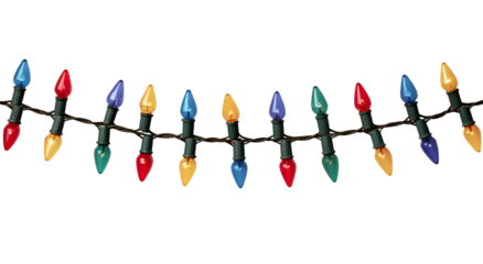 A string of colorful, electric bulbs against a stark black backdrop