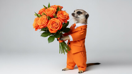 Dapper meerkat in orange suit holding vibrant orange roses bouquet with elegance and poise
