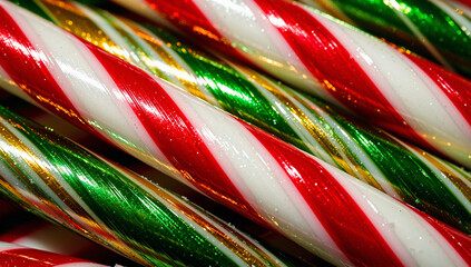 Close-Up of Colorful Candy Canes with Red, Green, and White Stripes