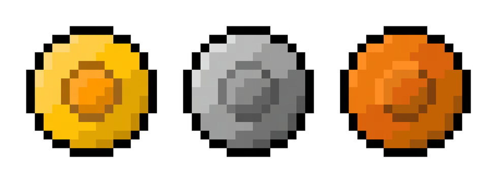 A pixel art coins set 16x16 &ndash; Gold, Silver and Copper Game Icons, 2d game