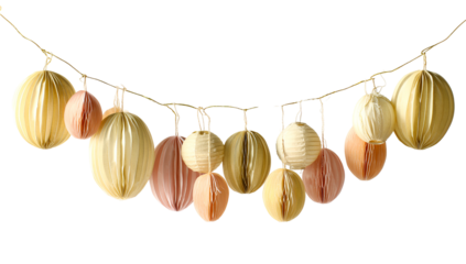 Paper lanterns in various colors hanging from a thin, vine-like string