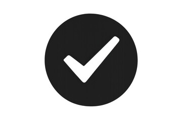 Verification icon showing a white checkmark in a black circle, symbolizing success, approval, confirmation, and completion