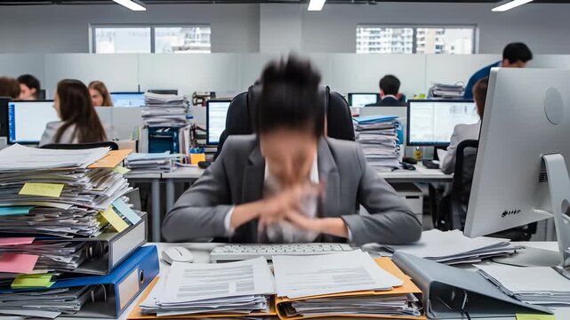 A woman sits at her desk, surrounded by stacks of papers, with two other women seated nearby, capturing the concept of stress and pressure to stay productive in a fast paced work environment.