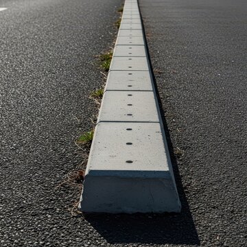 Detailed view of a rigid concrete curbstone separating the asphalt street pavement from the elevated pedestrian sidewalk path, engineering, rugged, grey