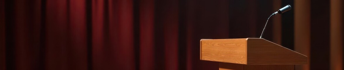 Elegant wooden podium with microphone, close-up, grain, seminar, retro