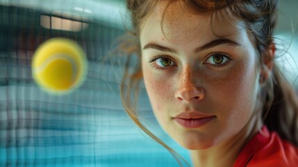 intense close-up of female player eyes locked on ball before smash