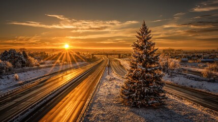 Frozen beauty of a highway with a Christmas tree