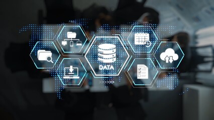 A digital visualization of data management and analytics concepts featuring virtual graphics in a modern office. Perfect for illustrating technology and teamwork. Raster