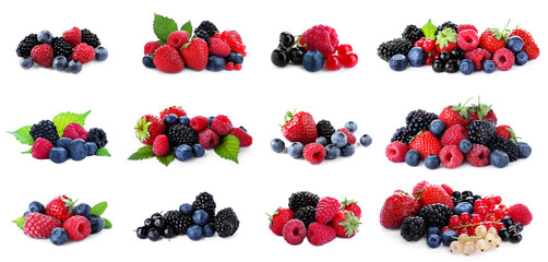 Mix of fresh berries isolated on white, collection