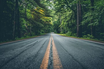 Obraz premium Scenic view of an empty asphalt road winding its way through a dense, vibrant green forest, creating a tranquil and inviting atmosphere