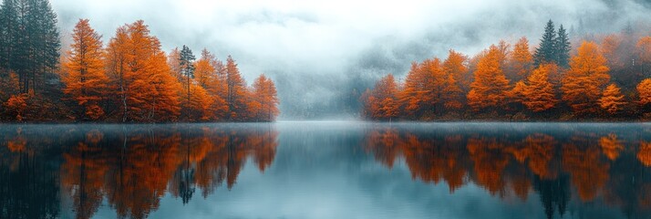 Autumn forest with fiery orange trees reflected in a tranquil misty lake under a cloudy sky
