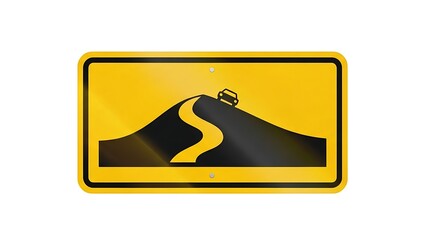 Caution winding road ahead with car driving on yellow sign