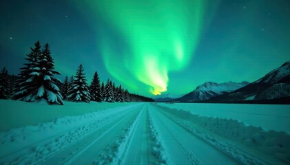 Emerald aurora borealis illuminates snowy road winding through winter landscape , nature, purple