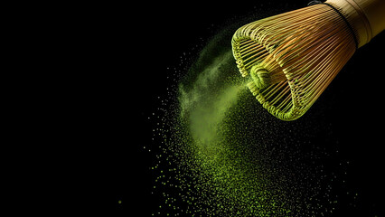Matcha Green Tea Powder Whisk Dark Background