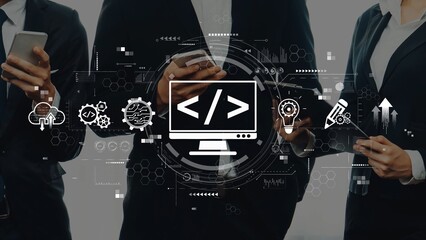 Three business professionals engaged with mobile devices and a tablet in a modern office, showcasing technology icons and digital data that represent innovation and collaboration. Raster