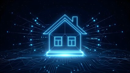Glowing blue house icon on dark background with neon lights and connections