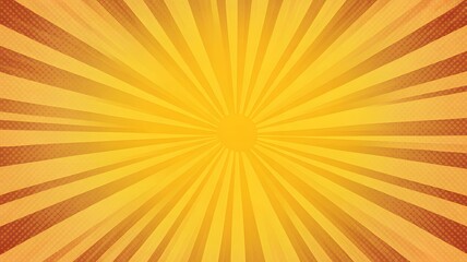 Vibrant yellow and orange sunburst abstract graphic background with radiating rays and retro comic book style halftone pattern creating an energetic bright glow
