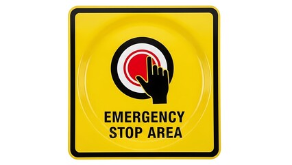 Emergency stop sign with hand pressing red button on yellow background