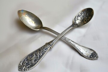 Two antique silver spoons with ornate floral engravings are crossed on white silk, showcasing their timeless elegance and intricate details