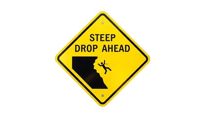 Warning sign for steep drop ahead with falling person silhouette