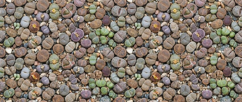 Overhead view of various lithops living stone succulent plants