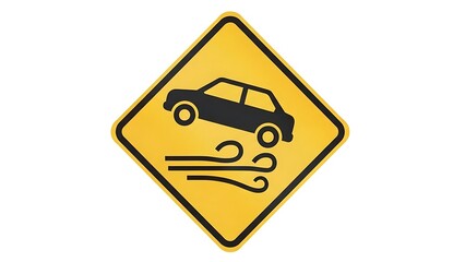 Road sign warning of slippery road ahead with car