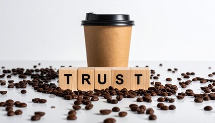 Coffee cup with beans and “TRUST” blocks