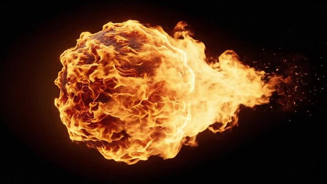 Cinematic 2D animated fire orb drifting in space with stylized flames for visual effects overlays and motion design