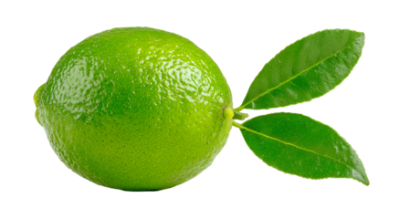 A vibrant green citrus fruit with two leaves isolated against a black backdrop
