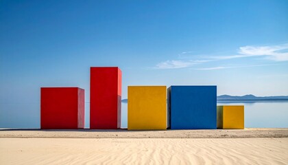 Row of colorful rectangular prisms on sandy beach under clear sky.