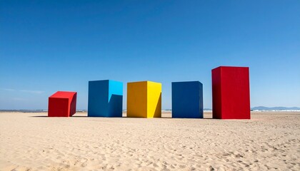 Row of colorful rectangular prisms on sandy beach under clear sky.