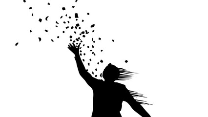 A silhouette of a person joyfully tossing confetti into the air, symbolizing celebration and freedom