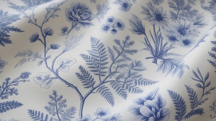 Elegant blue and white classic botanical toile pattern intricate illustrations of ferns flowers and leafy branches on a gently folded textile surface with soft