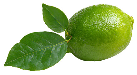 A single, whole, green citrus fruit with two attached leaves against a black backdrop