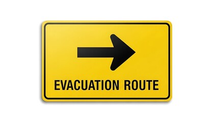 Evacuation route sign with black arrow on yellow background