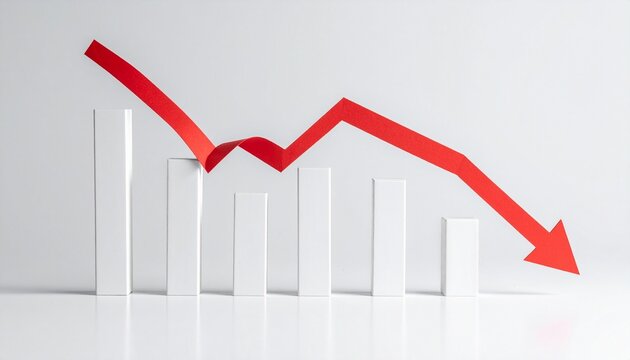 White bar graph with red downward arrow—visualizing decline in performance or financial loss. - Powered by Adobe