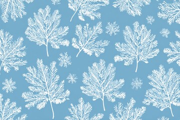 Winter pattern of white leafy branches and snowflakes on blue background