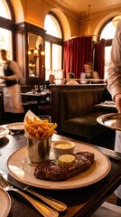 Classic Steak Frites with Herb Butter and French Fries Served in a Parisian Bistro created with Generative AI Technology, ai, generative