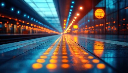 Reflective station platform at night, vibrant orange and blue lights streaking into the blurred distance