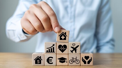 A person in a light blue shirt stacking wooden blocks with various symbols representing home, finance, health, travel, education, and fitness