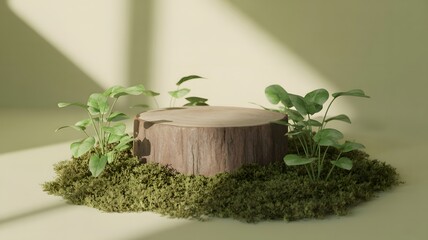 A Round Wooden Stump Surrounded by Green Plants and Moss on a Light Green Background nature